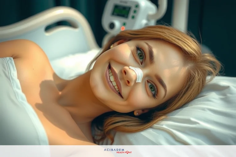 How Long Does Nose Swelling Last After Surgery? A woman in a hospital bed smiling at the camera, with surgical tape visible on her nose. She is probably lying down after surgery.