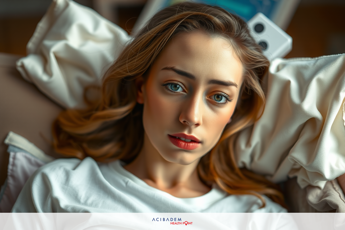 The image shows a young woman lying in a hospital bed. She has long hair and is wearing a white top. Her expression appears to be one of concern or worry. The room has medical equipment, indicating she may be receiving treatment.