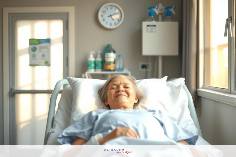 The image shows an elderly patient lying in a hospital bed. The person appears to be resting and possibly smiling or looking towards the camera with a sense of comfort and familiarity.