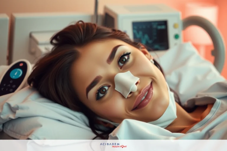 How Long is a Nose Job Surgery? The image features a woman lying in a hospital bed. She is wearing medical equipment, which suggests she might be recovering from surgery or an illness. The room has clinical equipment and the lighting appears to be artificial, typical of a hospital setting. Her expression seems relaxed and content.