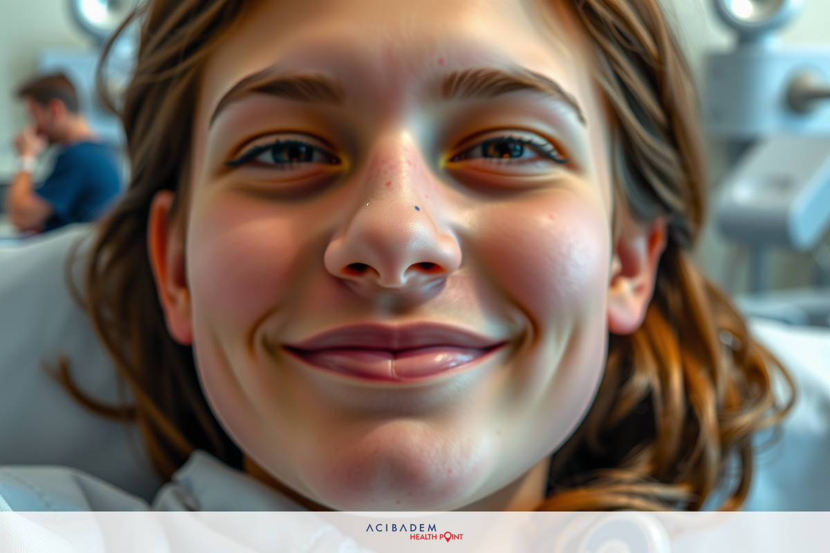 A young woman is smiling in a hospital setting, possibly receiving medical treatment or monitoring. The environment suggests a clinical and professional atmosphere with healthcare equipment visible in the background.