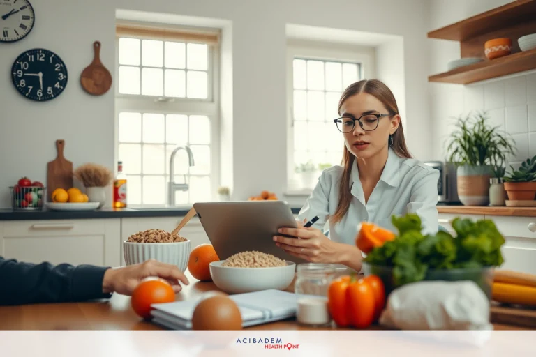 One women working together on a laptop at a kitchen table. The kitchen is well-lit with wooden cabinetry and various food items around them.