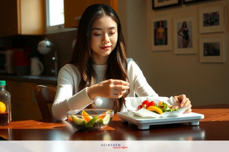 A young woman is seated at a dining table, enjoying a healthy meal of fruits and vegetables. The meal includes items such as an orange slice on a plate next to the bowl. The environment suggests a home kitchen with countertops visible in the background, indicating that she might be having breakfast or a light lunch.