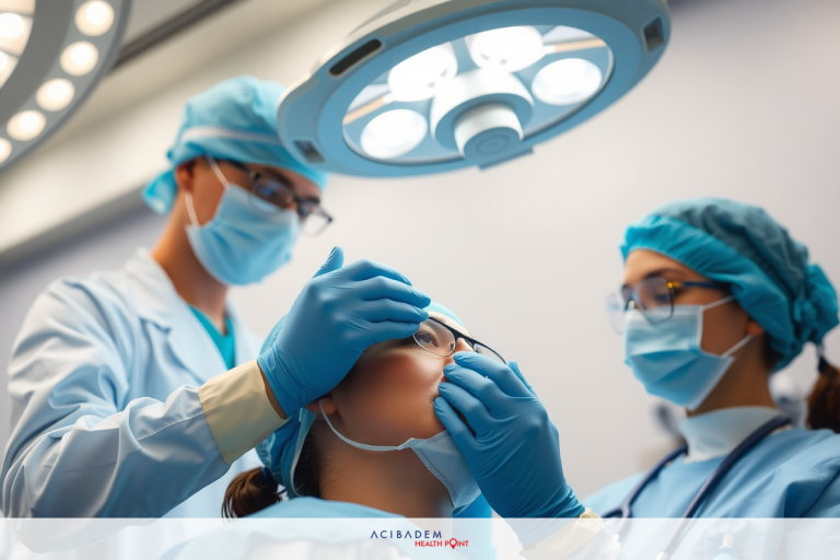 The image shows a medical setting. Two healthcare professionals are assisting a patient sitting in the medical chair. They are wearing protective gear including surgical caps and face masks. The chairs have headrests for patient comfort. The lighting is bright, typical of medical offices to ensure sterility.