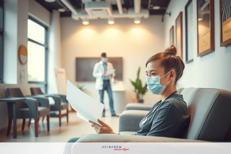 In a professional office setting, a medical worker in scrubs and a face mask is seated on the right. She appears to be reading some documents. On the left, another person, presumably a colleague or doctor, is standing at a desk with their back to the camera. The office has modern furnishings, including comfortable chairs and a large screen mounted on the wall.