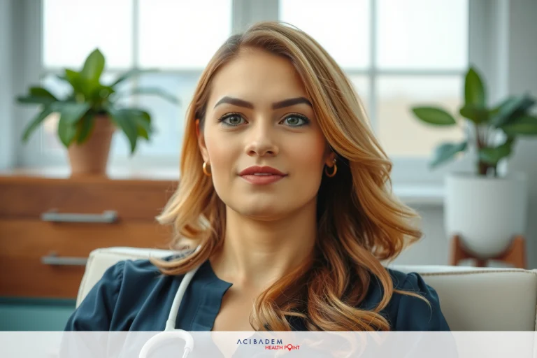 The image features a woman seated in an indoor setting, possibly a medical or office environment. She has shoulder-length hair and is wearing professional attire with a stethoscope around her neck, suggesting she might be a healthcare provider such as a nurse or physician. The overall mood of the image is calm and professional.