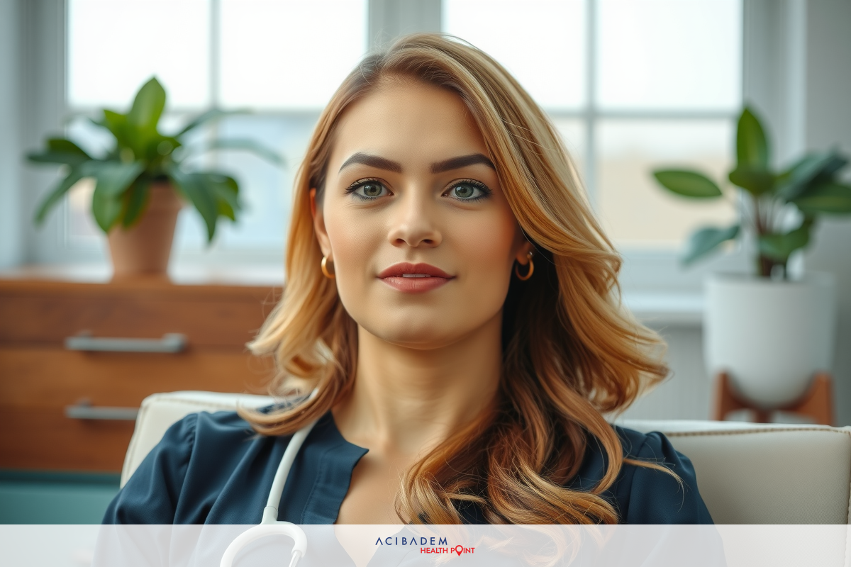 The image features a woman seated in an indoor setting, possibly a medical or office environment. She has shoulder-length hair and is wearing professional attire with a stethoscope around her neck, suggesting she might be a healthcare provider such as a nurse or physician. The overall mood of the image is calm and professional.