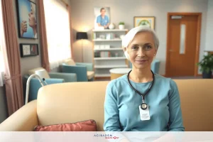 The image features a woman sitting on a sofa in an indoor environment. She is wearing a light blue t-shirt and appears to be engaged in conversation or interviewing someone, as suggested by her attentive expression. The room has modern decor with wooden flooring and furniture that includes a comfortable-looking sofa where she sits. There's a plant on the window sill, adding a touch of greenery to the space. The lighting is soft and even, indicating it might be an interior setting such as an office or a studio for broadcast media.