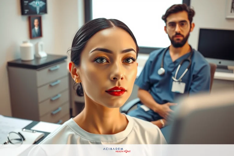 The image shows a professional healthcare environment with two individuals. A doctor, wearing medical scrubs and a stethoscope around their neck, is seated at a desk examining a patient. The patient is facing the camera, appearing calm and cooperative during this consultation.