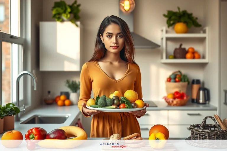 A woman in an orange dress holding a plate of fresh fruit, standing at a kitchen counter with various fruits and vegetables around her. The image depicts healthy eating and possibly the concept of a balanced diet.