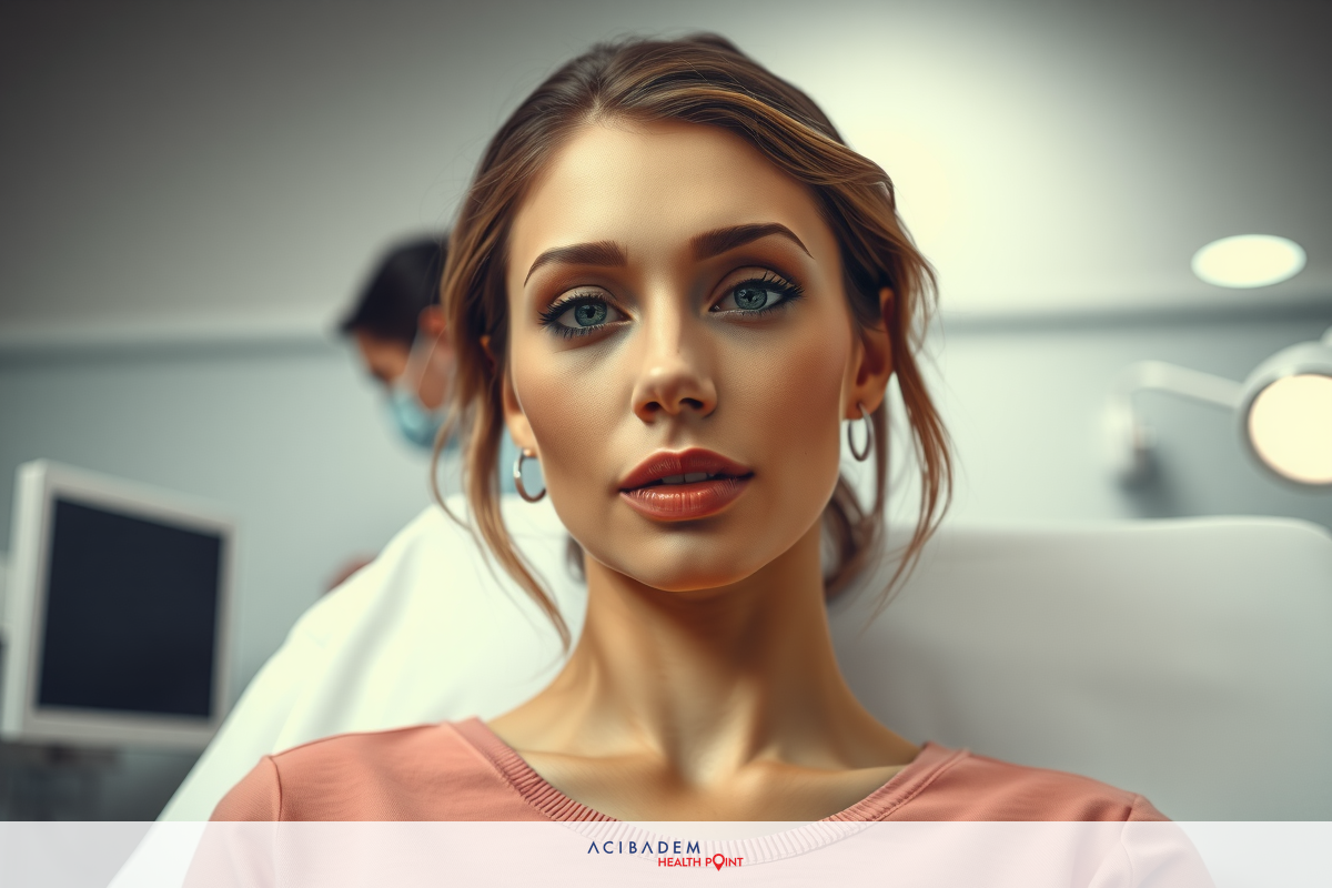 The image features a woman in a doctor's office setting. She is seated in a doctor's chair and appears to be wearing a light pink top. The setting evokes a medical or professional context, with clinical equipment such as a monitor in the background.