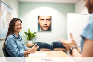 An indoor office setting with a young woman in blue medical attire seated at a table engaged in conversation with another person. The office is equipped with typical furnishings like chairs and a desk, and the walls are adorned with framed images and artwork.