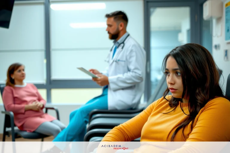 A medical setting with a doctor examining two patients. The doctor is seated on the center, wearing professional attire with stethoscope around his neck. Both patients are seated facing him.