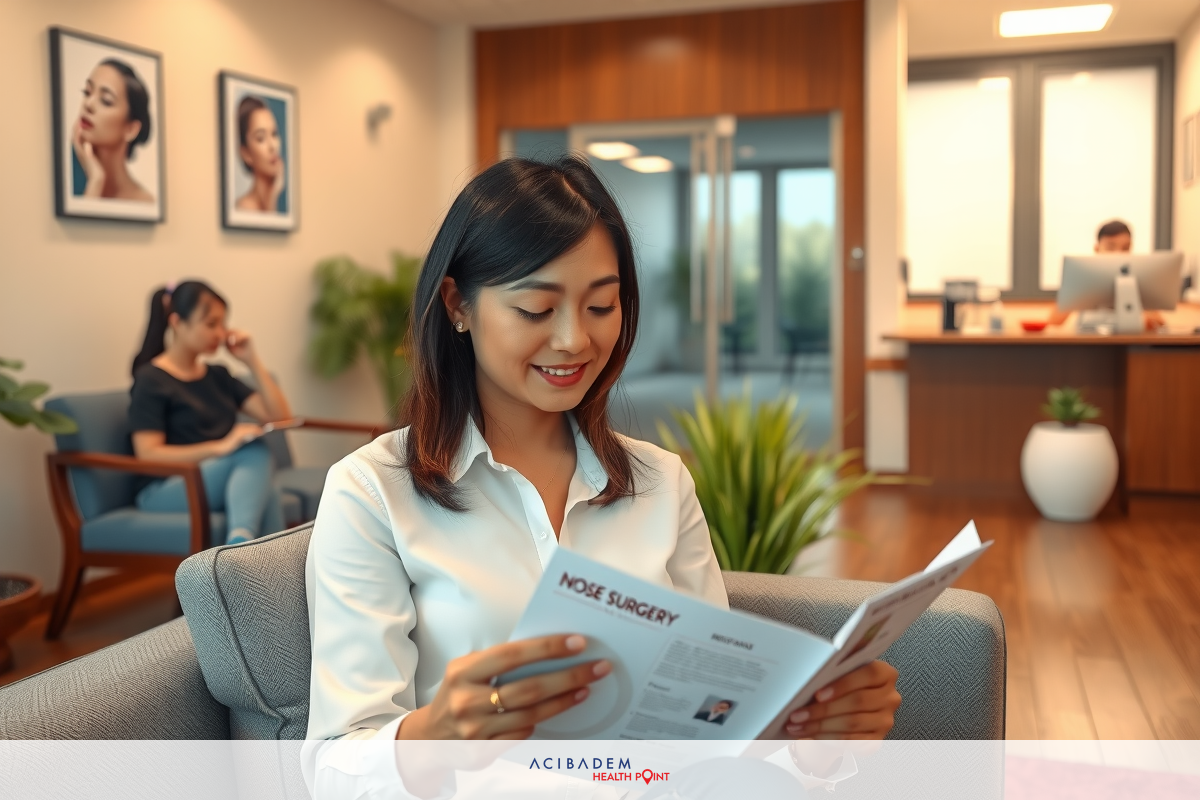 A young woman sitting in a modern office reception area, holding a brochure and reading. The room has contemporary furniture with a plant in the background.