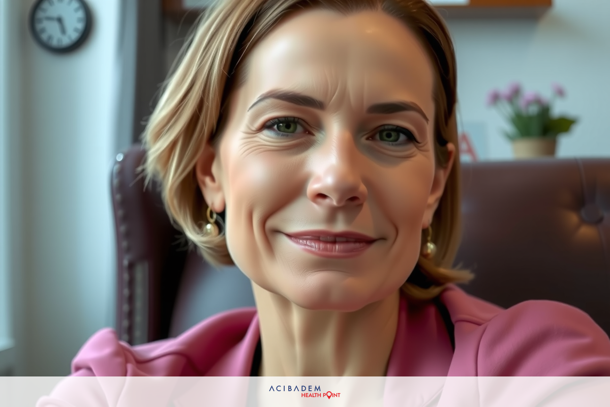 A professional woman seated at a desk. She has her mouth closed, possibly smiling. Her office is tidy with wooden furniture and blurred in the background are items indicative of an office setting.