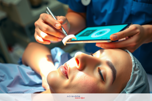 This image shows a person lying on an operating table in what appears to be a nose surgery setting. A medical professional, identifiable by their surgical attire, is performing a procedure on the patient's nose. The focus of the image is on the area of the patient's face where the treatment is being administered.