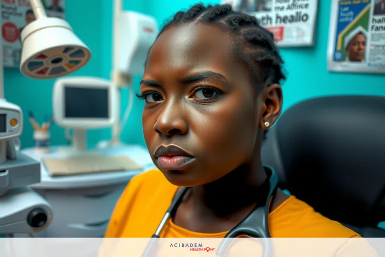 The image shows a young female medical professional sitting in an office chair. She is wearing a stethoscope around her neck, suggesting she is a doctor or healthcare worker. The setting appears to be a clinical environment, possibly a waiting area or examination room.
