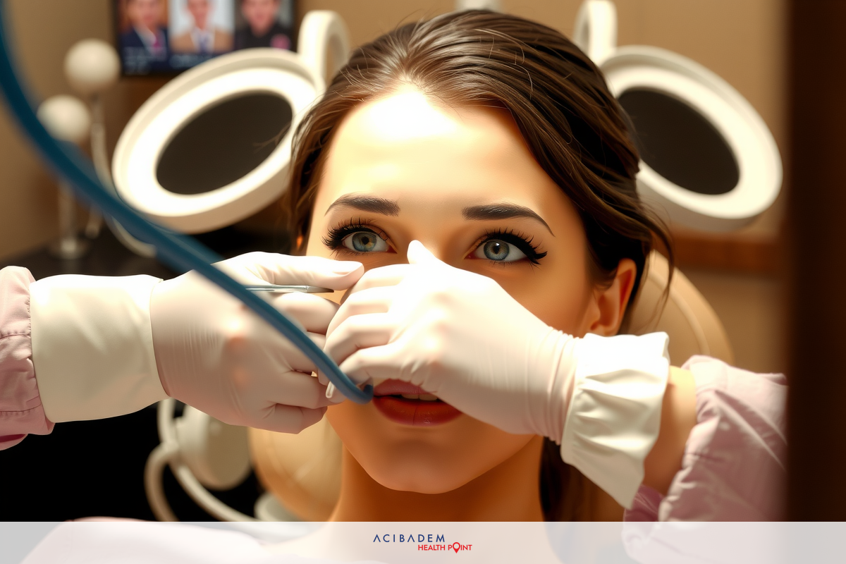 The image features a woman with her head in what appears to be a medical chair, receiving medical treatment. She is wearing gloves and has a protective mask around her eyes. The environment suggests a medical clinic or office setting.