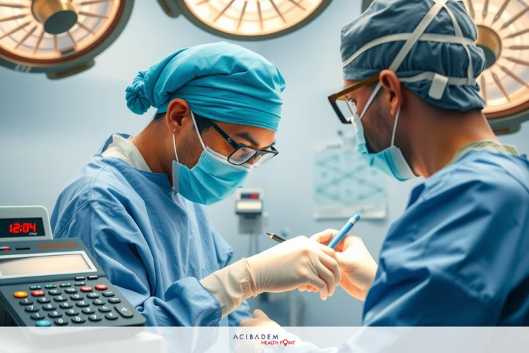 The image depicts a medical scene with two individuals wearing surgical gowns and face masks. They appear to be surgeons in an operating room, as indicated by the medical equipment like a patient monitor in the background.