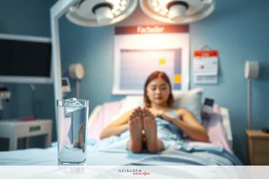 The image depicts a person lying on a hospital bed with their feet raised. A water pitcher is placed within reach, suggesting the patient might be dehydrated or needs fluids. The room is equipped with medical equipment and appears to be designed for patient care, possibly indicating a healthcare setting.
