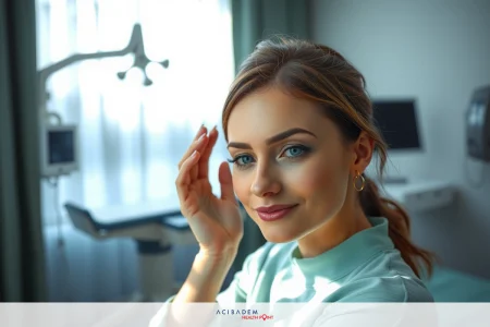 A woman is in a examination room. She is seated and smiling at the camera, touching her forehead with one hand. The environment includes medical equipment such as a examination chair and tools. The lighting is soft and warm, casting gentle shadows on the clinic's walls.