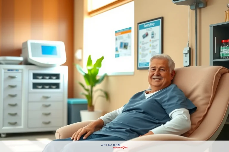 An elderly man is sitting in a medical chair, smiling and appears relaxed. He is wearing a gown. There are medical devices . The room suggests this is within a healthcare facility.