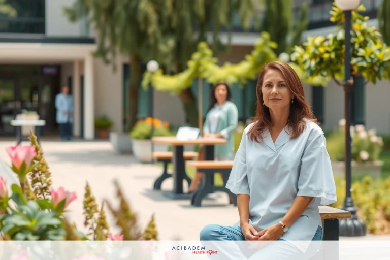 A woman sitting on a bench in a public area with landscaped gardens and outdoor seating, possibly an educational or healthcare facility. The woman is dressed professionally in a light blue uniform, possibly a healthcare provider.