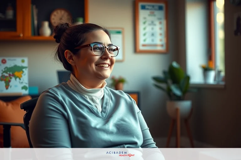 A woman smiling while seated in an office environment. She is wearing glasses, a grey sweater and appears to be engaged in a conversation or interview.