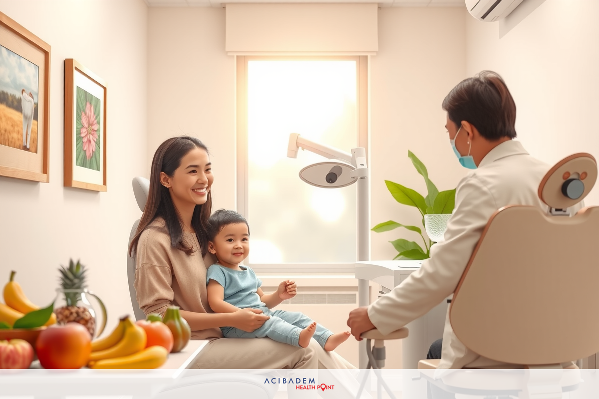 This is a photograph of an adult woman, possibly a dentist or caregiver, sitting next to a young child. They are both seated at a clinical examination chair with a full view of the mouth for examination purposes. The office environment suggests a focus on healthcare and dental services. A table with various fruits is visible in the background, suggesting a welcoming atmosphere.