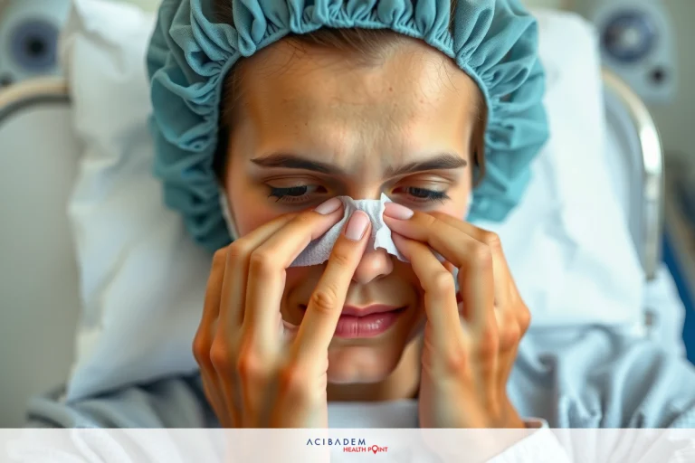 How to Clean Your Nose After Sinus Surgery The image shows a medical setting with a person seated on an examination table. The individual is wearing scrubs and has a surgical tape covering her nose. The background features typical medical equipment.