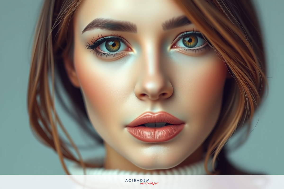 The image showcases a woman with a high-definition portrait. Her features are clear and distinct, such as her eyes that appear to be of light color. She has a subtle makeup look with lipstick, and her facial expression is neutral yet inviting.