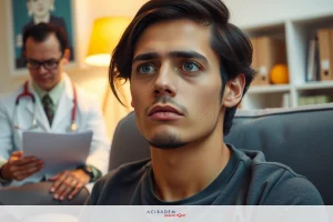The image shows a young adult male looking concerned. He is seated on the left side of the couch, while a doctor on the right is holding some papers and appears to be examining him. The setting looks like a comfortable living room with warm lighting.