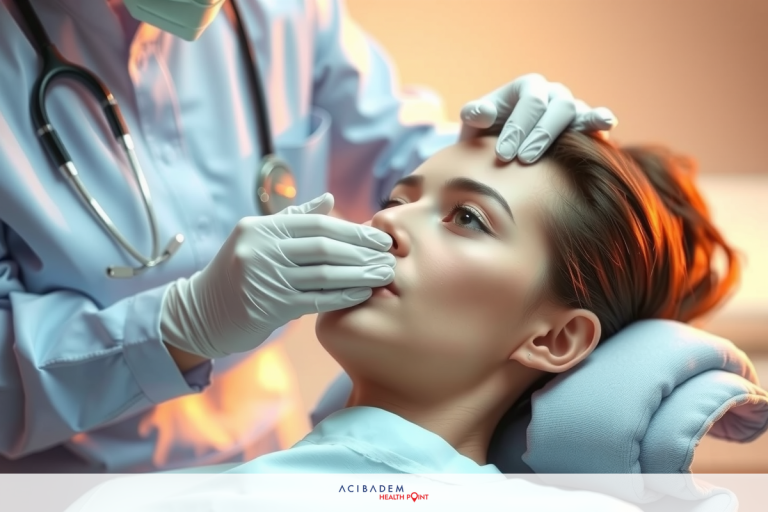 The image depicts a medical setting with two individuals engaged in a medical examination. A female patient is seated on a examination chair, and her face appears calm. Beside her stands a male doctor, wearing surgical attire including gloves and a mask.