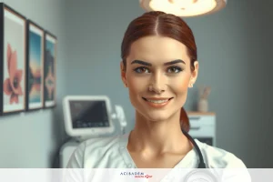 The image depicts a woman wearing a white coat, suggesting she is a healthcare professional like a nurse or doctor. She has brown hair tied back and is smiling at the camera. The background shows an office setting with medical equipment visible.