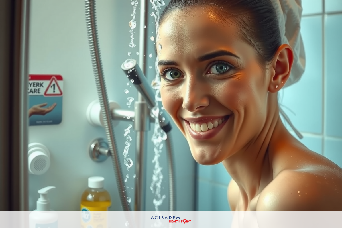 The image shows a woman enjoying a shower in a bathroom. She is smiling and appears to be washing her hair with soap. The environment includes a white shower head, blue tiles on the wall, and a yellow bottle visible near the edge of the frame.