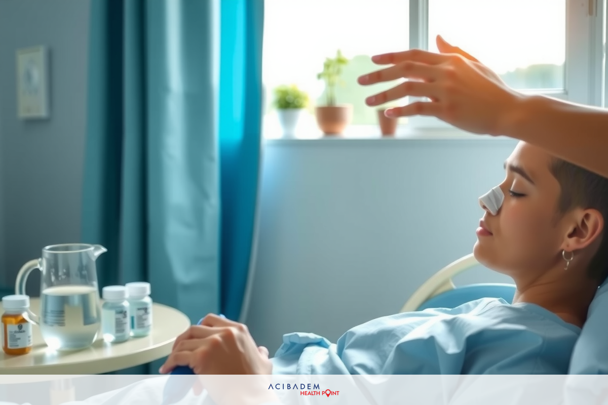 In a medical setting, the image depicts a patient lying on a hospital bed with their eyes closed. A doctor is standing by the bedside, applying an ointment to the patient's face with one hand. The room has blue curtains and there are bottles of medicine placed within reach of the patient.