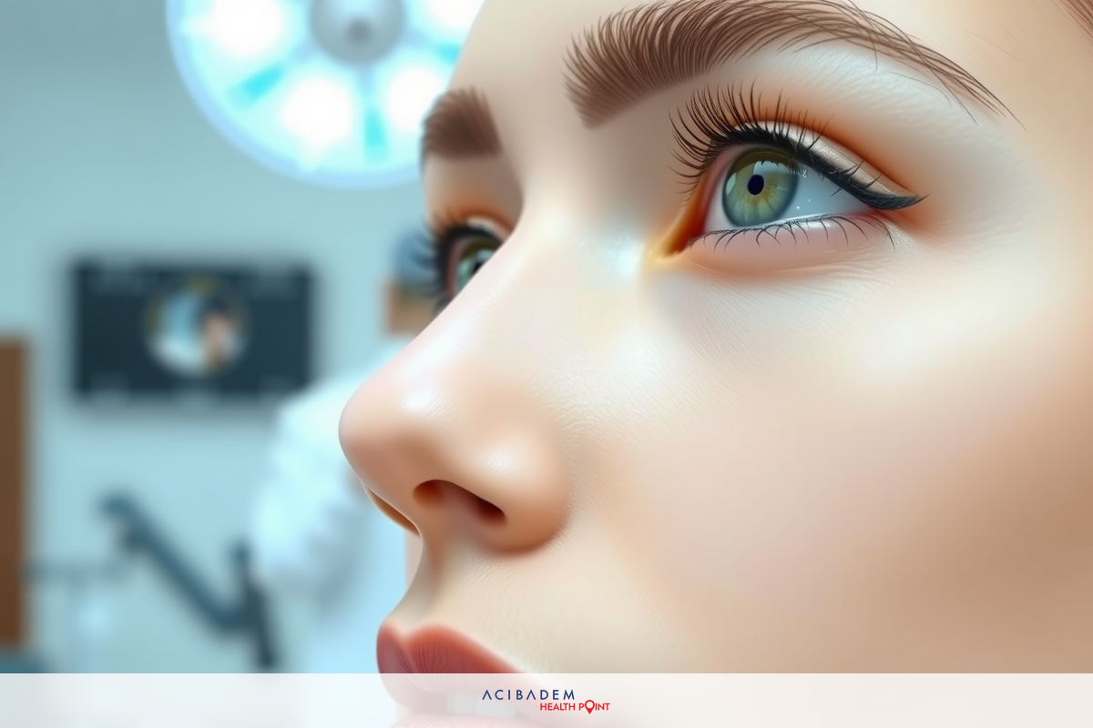 Close-up of a woman's face looking forward with a focus on the eye. She has long eyelashes and defined eyebrows, detailed makeup including eye shadow and nude lipstick.