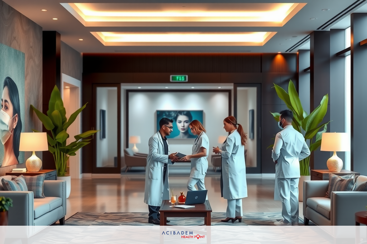 A professional office environment with medical staff. There is a seating area featuring a plush couch and chairs in the foreground. In the background, a group of healthcare professionals standing, wearing white coats which suggest they are doctors or nurses. The room is well-lit, and there are plants adding a touch of greenery to the space.