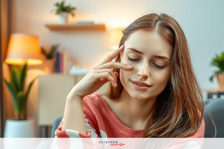 A woman with her hand on her head, appearing thoughtful or possibly concerned. She's in a room that looks like a home office, with a desk and some personal items around her.