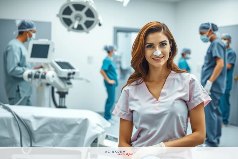 A modern hospital room with medical professionals in scrubs. A woman in a surgical mask smiles at the camera, surrounded by equipment and healthcare personels.