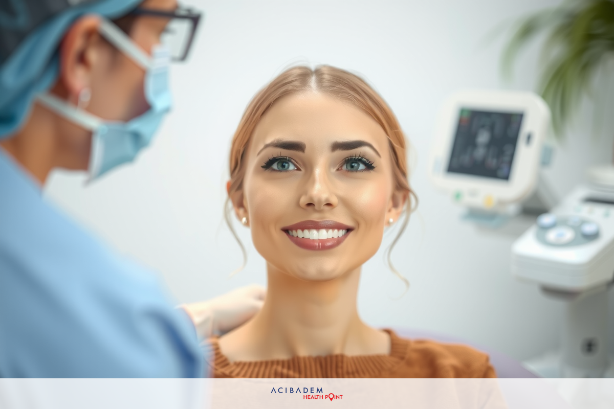 This image portrays a medical office setting with a woman smiling at the camera. There is a plastic surgeon in full protective gear working on her nose, and the equipment typically found in such an environment is visible.