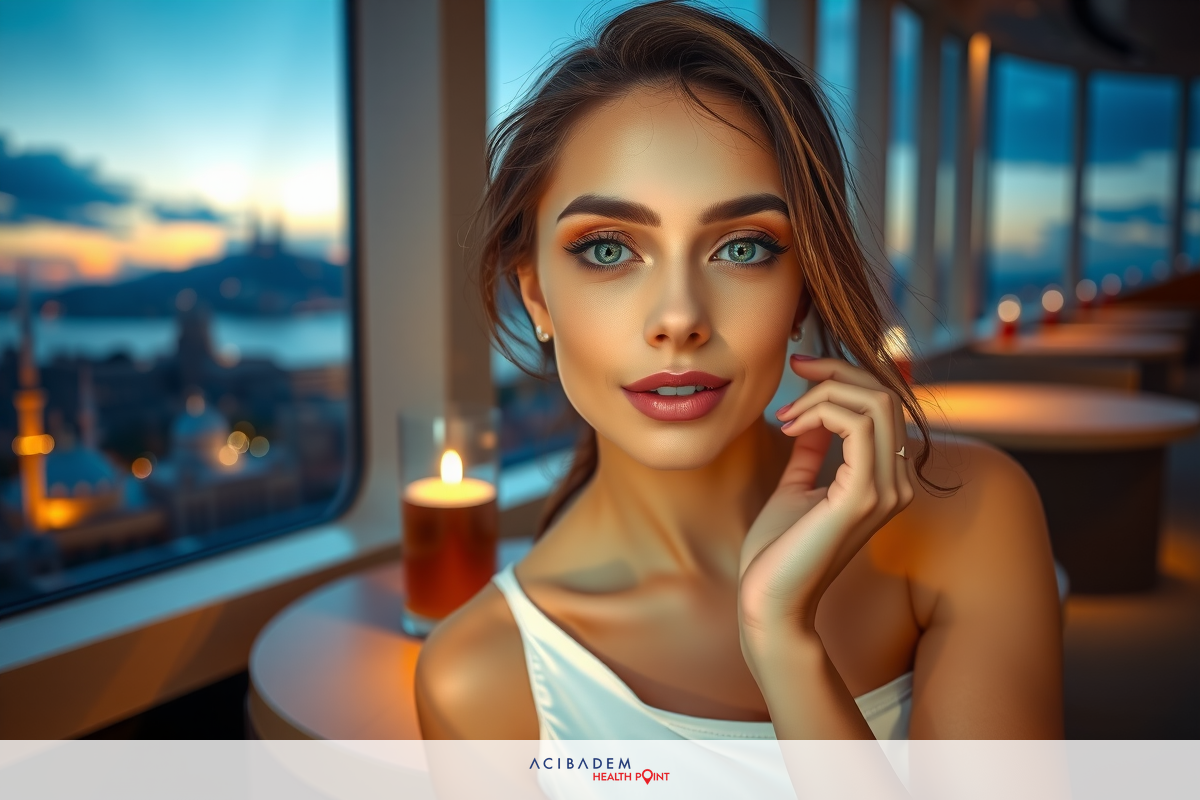 A woman poses in a stylish restaurant setting at sunset. Her outfit and makeup are stylish, and there are candles on the table in the background.