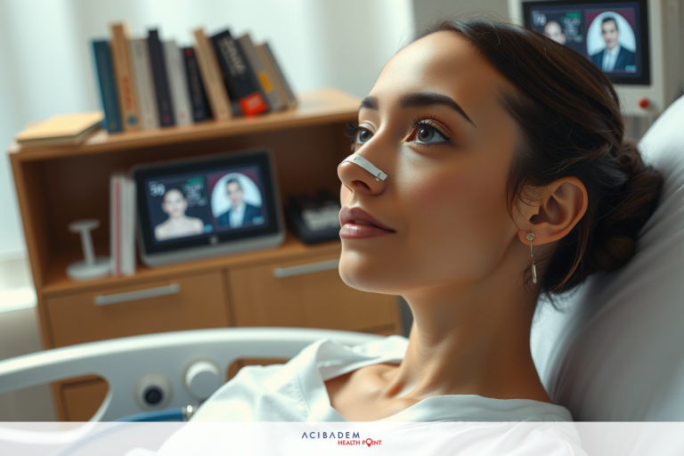 NYC Rhinoplasty Surgery The image shows a woman lying in a hospital bed. She appears to be receiving some form of medical treatment. The room is well-lit with a modern design, and there are various medical monitors and equipment around her.