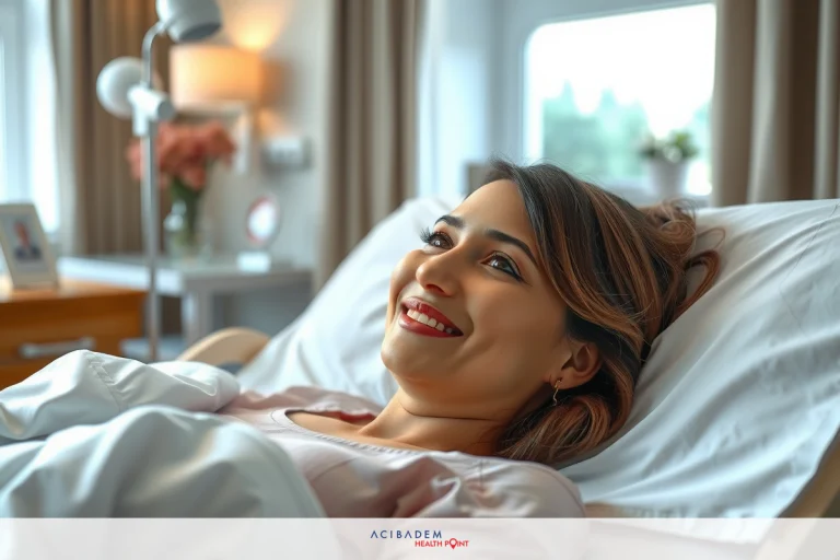 Plastic Surgery Rhinoplasty Laser with Cooling between Each Pass A woman lying in hospital bed, smiling and looking at the camera. She is wearing a pink outfit with her hair pulled back. The room has light brown walls and a window with white curtains.