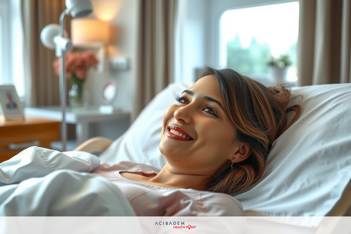 A woman lying in hospital bed, smiling and looking at the camera. She is wearing a pink outfit with her hair pulled back. The room has light brown walls and a window with white curtains.