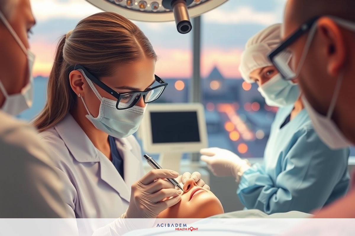 The image depicts a medical setting where a female surgeon is performing a procedure on an adult patient. There are multiple healthcare professionals wearing surgical masks and gloves, indicating a sterile environment. The color palette includes shades of blue and white from the medical attire against the clinical background.