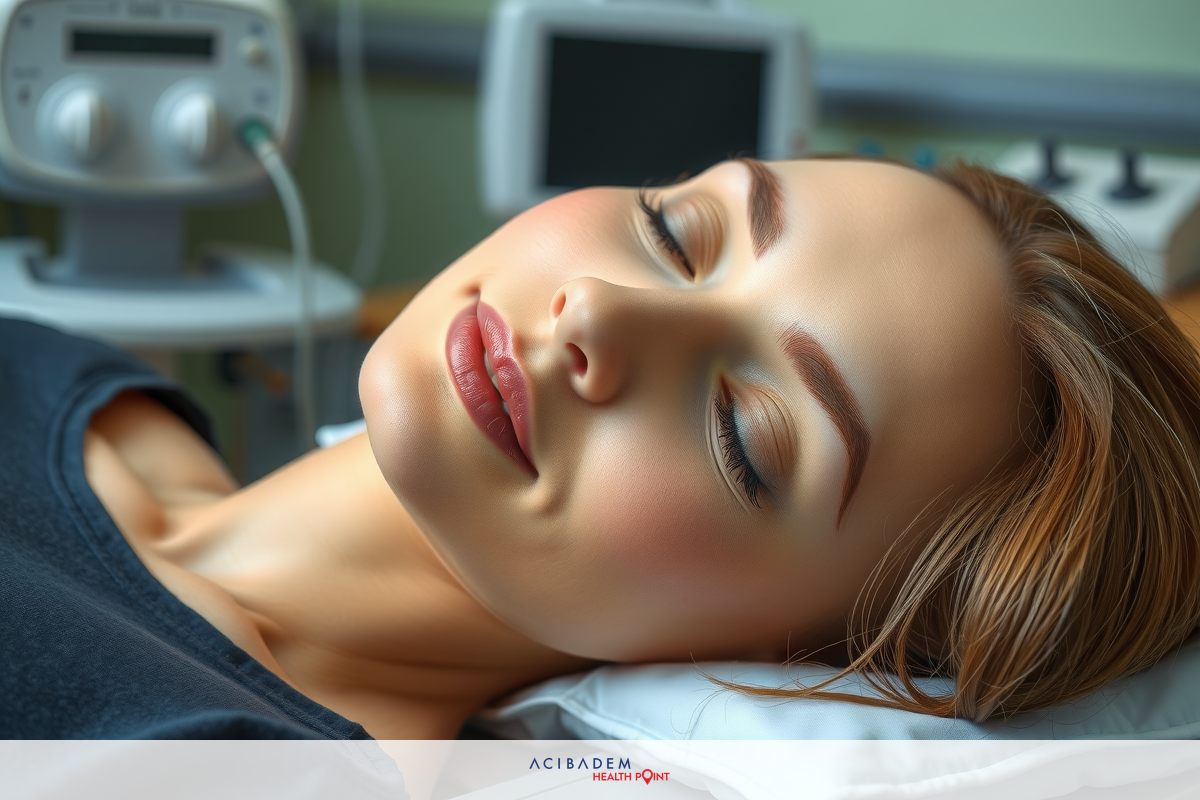 The image shows a woman in what appears to be a medical setting. She is lying down on a hospital bed with machines and equipment around her. The woman has closed eyes and a serene expression on her face.