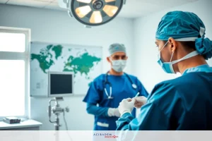 The image features a medical operating room scene. There are two surgeons wearing full surgical attire, including masks and sterile gloves. They are positioned at an operating table with various instruments and equipment visible. The environment suggests a modern hospital setting.