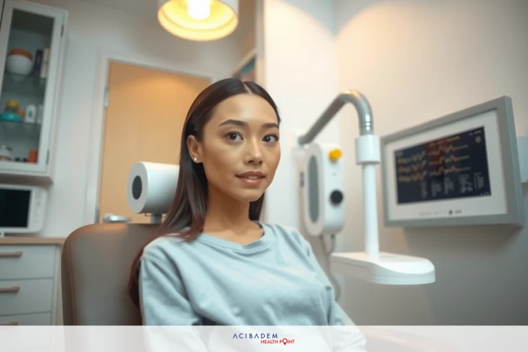 Rhinoplasty Surgery Loans A woman in a examination chair, looking to her right. She's wearing a grey shirt. The room is well-lit with modern equipment indicating a professional medical environment.