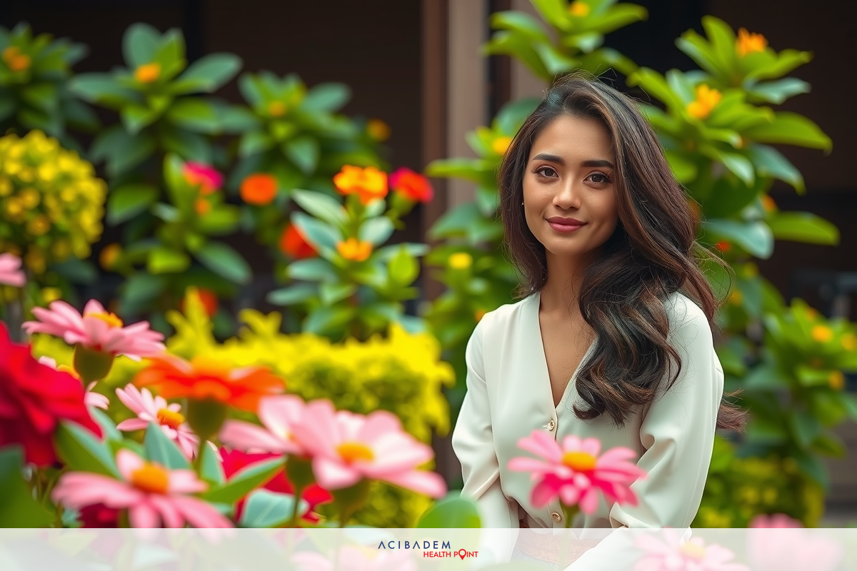 The image features a woman standing amidst vibrant flowers in what appears to be a garden or park. She is wearing a light-colored top and has long hair. Her gaze is directed towards the camera, and she is smiling. The flowers surrounding her display various shades of pink, red, yellow, and green, indicating a rich and colorful environment. It's a sunny day with clear visibility. The overall atmosphere suggests a relaxed and pleasant outdoor setting.